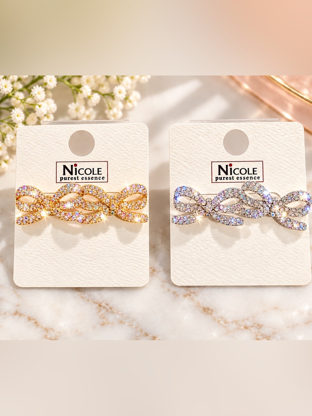 2 pair earrings Nicole Crystal Ribbon studs AB Gold and Silver sparkly gift
